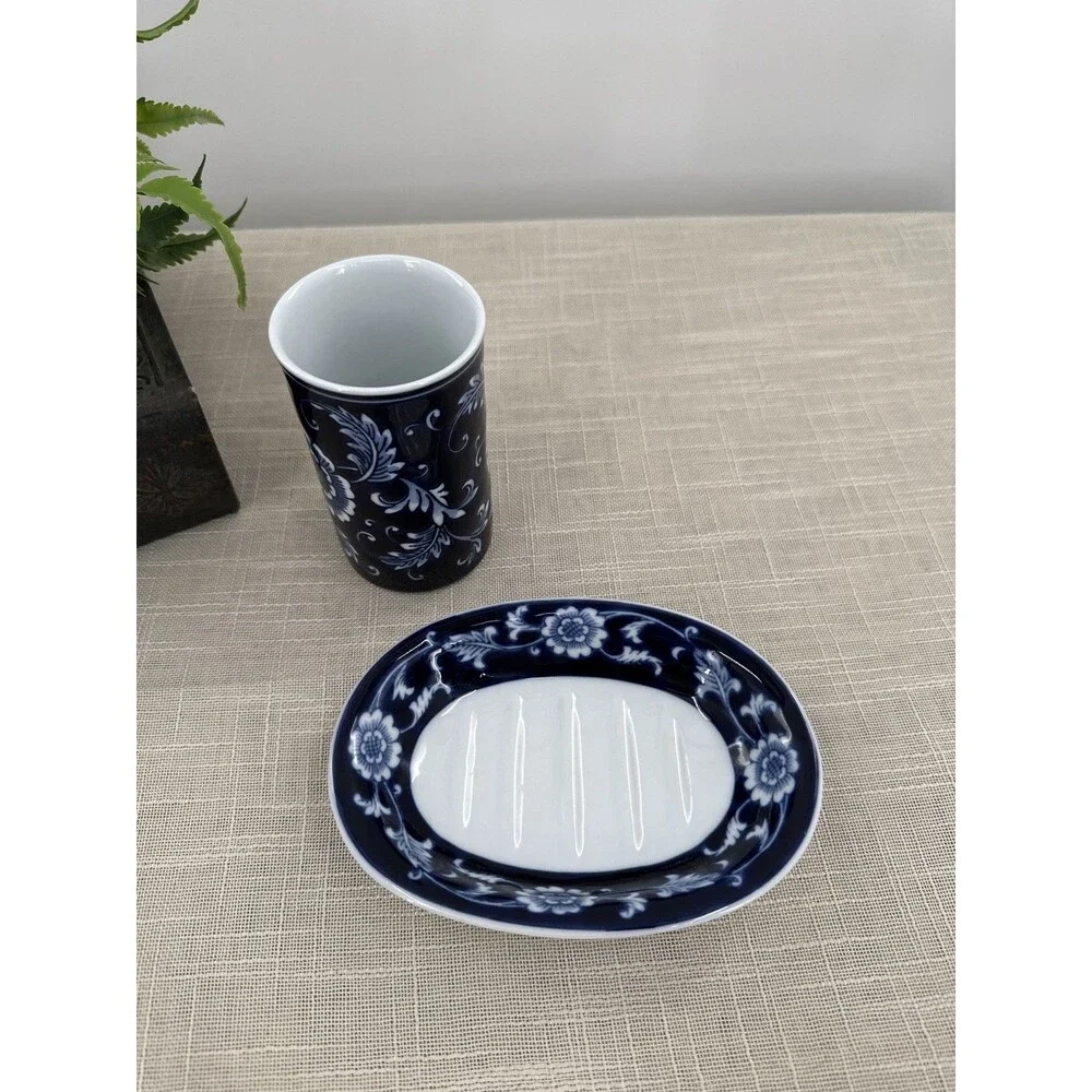 Pier 1 Imports Mandarin Cobalt Blue & White Soap Dish and Cup Toothbrush Holder